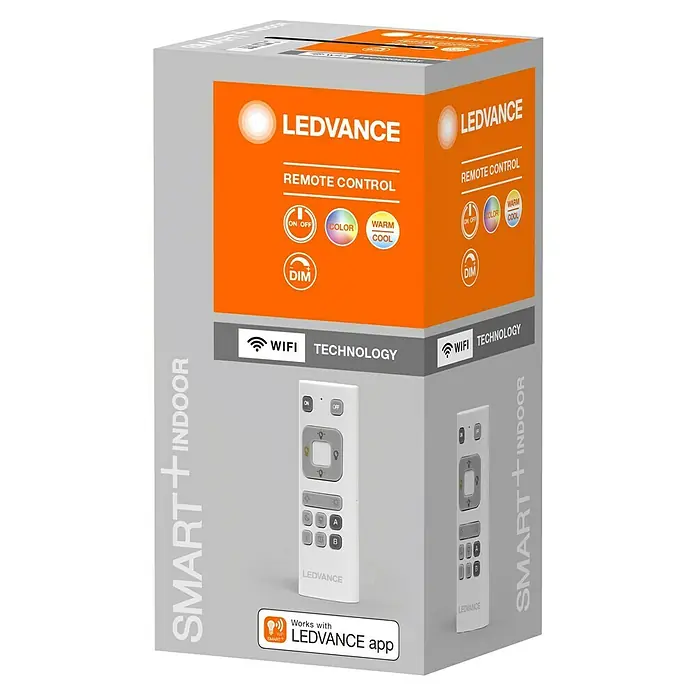 Ledvance Smart+ WiFi Fernbedienung COLOR CHANGE - Weiß, L x B x H: 120 x 41 x 19 mm - Eine Produktaufnahme der Verpackung einer LEDVANCE Smart+ Indoor Lampe mit Fernbedienung und WiFi-Technologie.