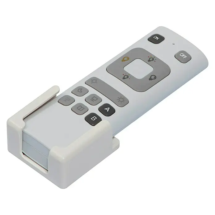 Ledvance Smart+ WiFi Fernbedienung COLOR CHANGE - Weiß, L x B x H: 120 x 41 x 19 mm - Nahaufnahme einer weißen Fernbedienung mit verschiedenen Tasten für Lichtsteuerung und Ein/Aus-Funktionen, die in einer passenden Halterung liegt.