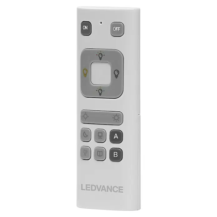 Ledvance Smart+ WiFi Fernbedienung COLOR CHANGE - Weiß, L x B x H: 120 x 41 x 19 mm - Nahaufnahme einer LEDVANCE Fernbedienung, mit Tasten für Ein/Aus, Helligkeitseinstellungen und verschiedenen Beleuchtungsmodi für individuelle Anpassung.