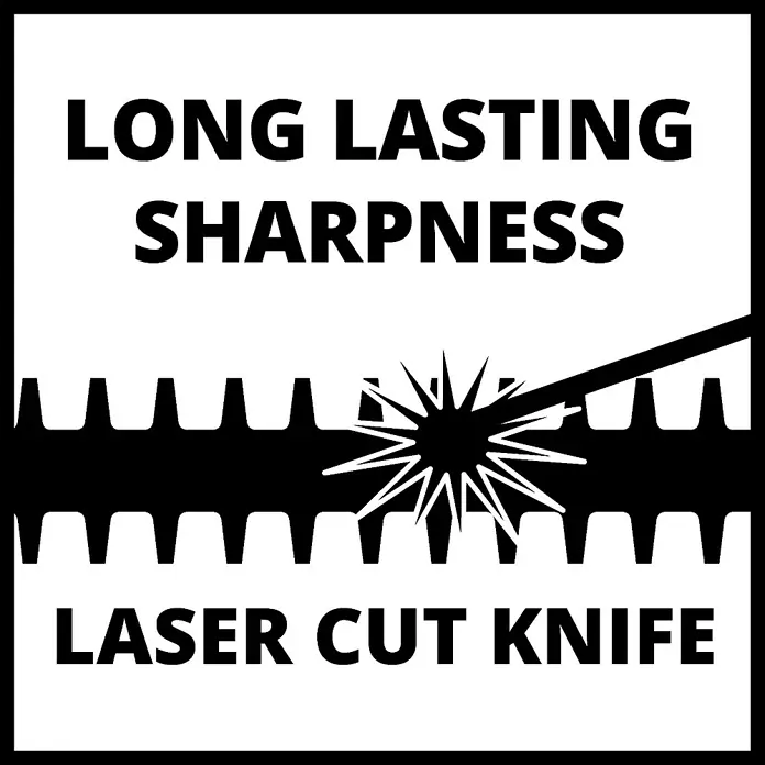 Einhell Power X-Change 18V Akku-Heckenschere GC-CH 1846 Li-Solo - 18 V, Ohne Akku, Schnittlänge: 46 cm - Das Bild zeigt ein Logo mit der Aufschrift "Long Lasting Sharpness" und "Laser Cut Knife" mit einer stilisierten Laserschneide-Illustration.