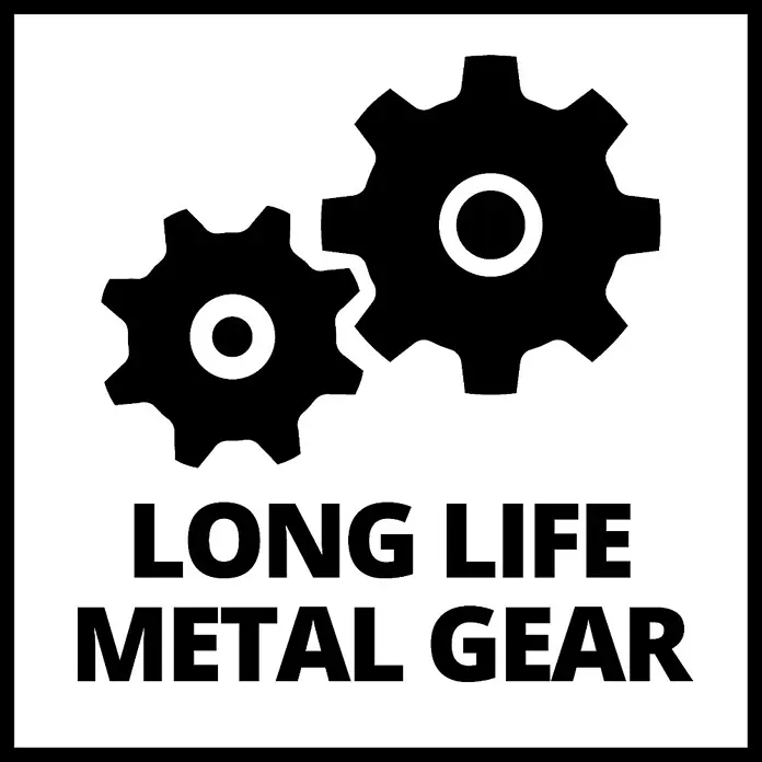 Einhell Power X-Change 18V Akku-Heckenschere GC-CH 1846 Li-Solo - 18 V, Ohne Akku, Schnittlänge: 46 cm - Zwei ineinandergreifende schwarze Zahnräder über dem Text „LONG LIFE METAL GEAR“, der langlebige Metallkomponenten anzeigt.