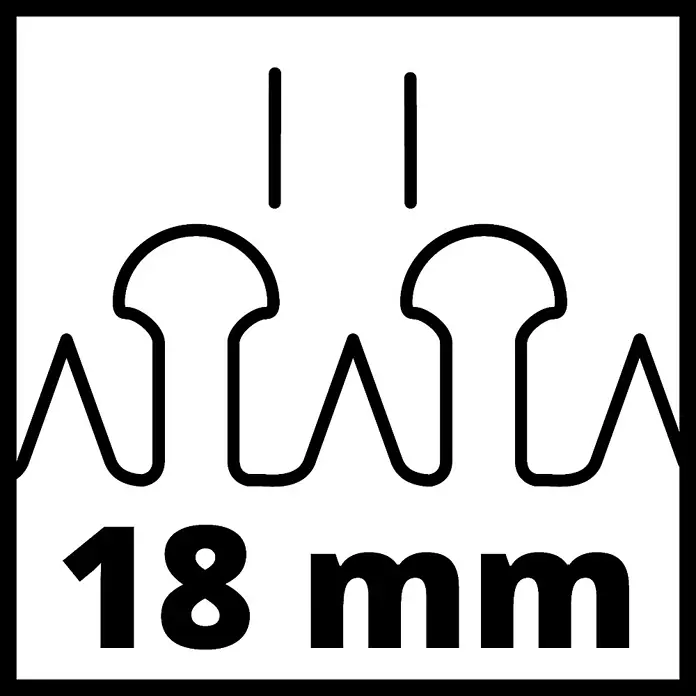 Einhell Power X-Change 18V Akku-Heckenschere GC-CH 1855/1 Li-Solo - 18 V, Ohne Akku, Schnittlänge: 55 cm - Produktbild mit dem Hinweis auf einen Abstand von 18 mm, dargestellt durch stilisierte Zinken.
