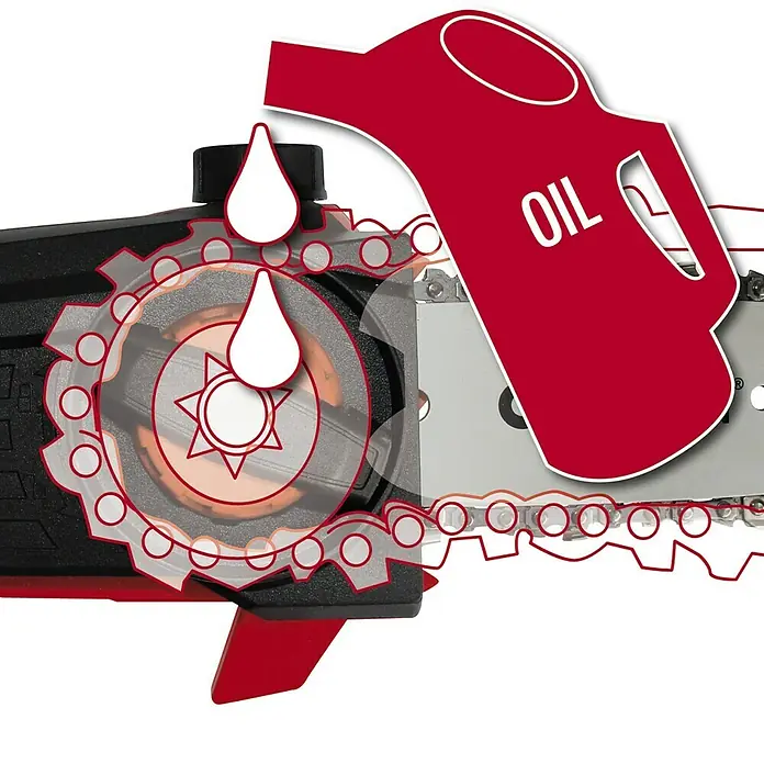 Einhell Power X-Change 18V Akku-Hochentaster GE-LC 18 Li T-Solo - 18 V, Li-Ionen, Ohne Akku, Schnittlänge: 17 cm - Detailaufnahme einer Kettensäge, die mit Öl geschmiert wird, dargestellt durch eine rote Ölkanne und Öltropfen, zur Veranschaulichung der Wartung.