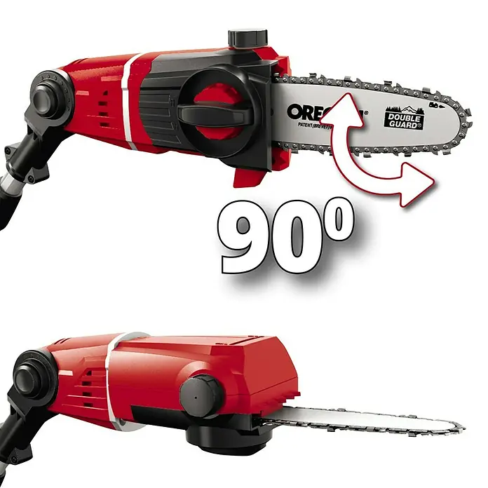 Einhell Power X-Change 18V Akku-Hochentaster GE-LC 18 Li T-Solo - 18 V, Li-Ionen, Ohne Akku, Schnittlänge: 17 cm - Bild einer roten Akku-Kettensäge mit schwenkbarem Kopf zur einfachen Nutzung in verschiedenen Winkeln.