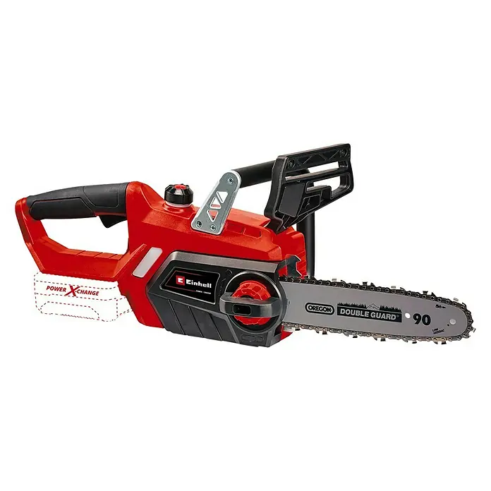 Einhell Power X-Change 18V Akku-Kettensäge GE-LC 18/25 Li-Solo - 18 V, Ohne Akku, Schwertlänge: 25 cm - Abbildung einer roten Einhell Akku-Kettensäge, die sich ideal zum Beschneiden von Bäumen und Sträuchern eignet.