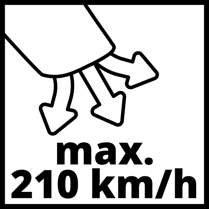 Einhell PXC 18V Akku-Laubbläser GC-CL 18 Li E-Solo - 18 V, Ohne Akku, Blasgeschwindigkeit: 210 km/h - Symbol, das die maximale Blasgeschwindigkeit von 210 km/h für das Produkt angibt, um eine sichere Verwendung zu gewährleisten.