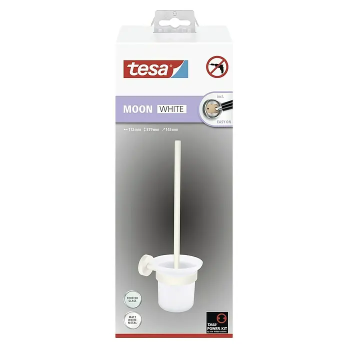 Tesa Moon WC-BürstengarniturMit Halterung, Metall, Weiß - Abgebildet ist die Verpackung einer Tesa Moon White WC-Garnitur mit mattweißem Metall und Milchglas, die ohne Bohren montiert werden kann.