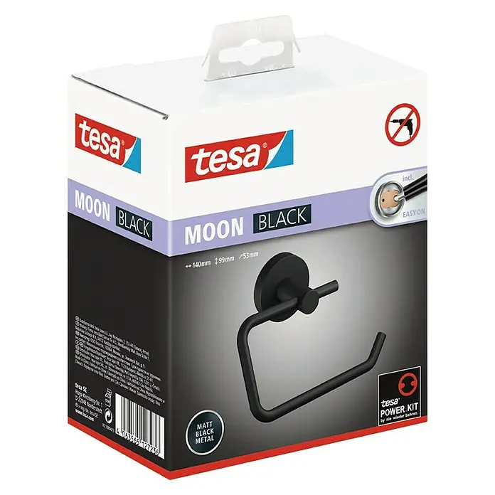 Tesa Moon Toilettenpapierhalter - Ohne Deckel, Schwarz, Matt - Verpackung der Tesa MOON BLACK Toilettenpapierhalterung, matte, schwarze Metallausführung, einfache Montage ohne Bohren.