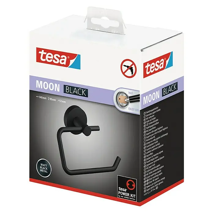Tesa Moon Toilettenpapierhalter - Ohne Deckel, Schwarz, Matt - Produktverpackung einer schwarzen Tesa MOON BLACK Toilettenpapierhalterung aus Metall.