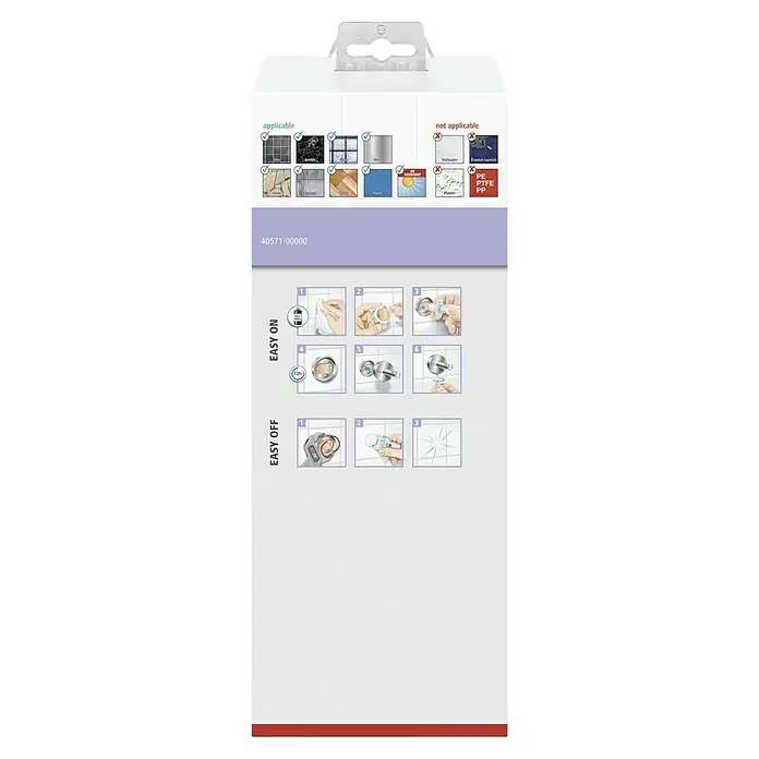 Tesa Moon WC-Bürstengarnitur - Mit Halterung, Metall, Weiß - Produktverpackung mit Anwendungs- und Montagehinweisen für eine einfache Installation und Demontage des Produkts.