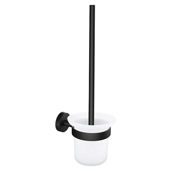 Tesa Moon WC-Bürstengarnitur - Mit Halterung, Metall, Schwarz - Eine mattschwarze Toilettenbürstengarnitur mit weißem Behälter und Bürste. Das elegante Accessoire für jedes Badezimmer.