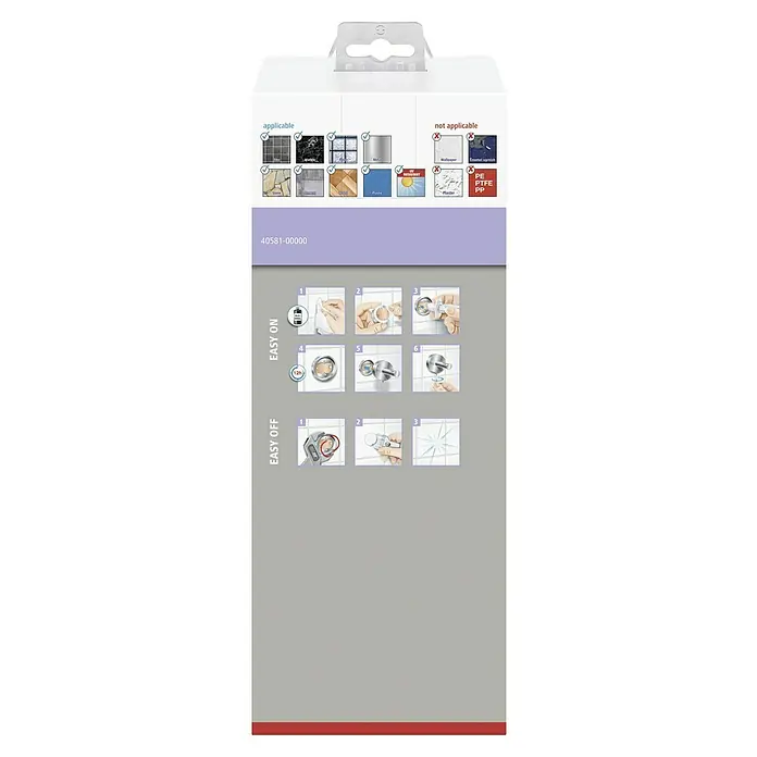 Tesa Moon WC-Bürstengarnitur - Mit Halterung, Metall, Grau - Produktverpackung mit Anweisungen zur einfachen Anbringung und Entfernung des Produkts auf verschiedenen Oberflächen.