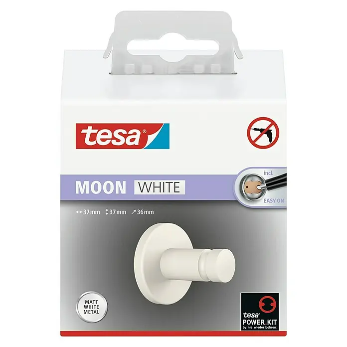 Tesa Moon Handtuchhaken - Weiß, Matt - Verpackung einer Tesa Moon White Wandgarderobe aus mattweißem Metall. Inklusive Power Kit zur einfachen Montage ohne Bohren.