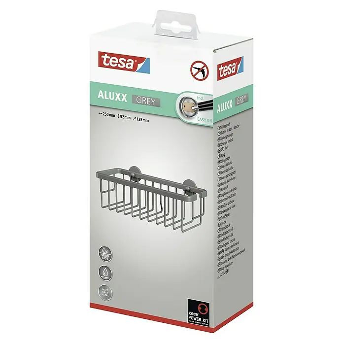 Tesa Aluxx Duschkorb - 12,5 x 25 x 9,5 cm, Grau, Matt - Produktverpackung einer grauen Tesa Aluxx Duschablage mit den Maßen 250x92x125mm, die ohne Bohren einfach anzubringen ist.