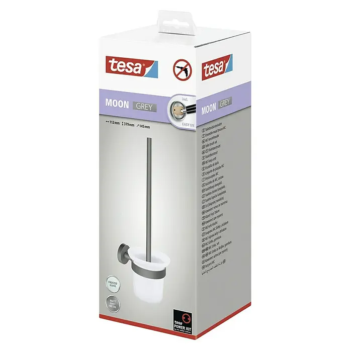 Tesa Moon WC-Bürstengarnitur - Mit Halterung, Metall, Grau - Produktverpackung für ein Tesa Moon Grey WC-Bürstengarnitur mit mattgrauem Metall und Milchglas.