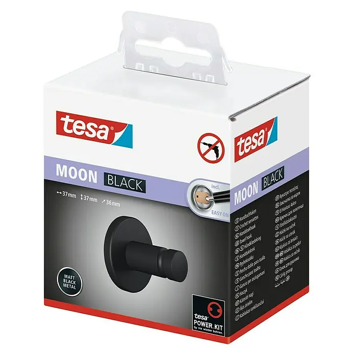 Tesa Moon Handtuchhaken - Schwarz, Matt - Tesa Moon Black Handtuchhaken: Stilvoller, mattschwarzer Metallhaken für Bad und Küche, einfache Montage ohne Bohren dank Power.Kit Technologie.