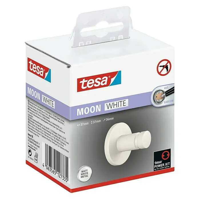 Tesa Moon Handtuchhaken - Weiß, Matt - Tesa Moon White Klebehaken-Set in einer weißen Verpackung mit Größenangaben und einer Illustration, die die einfache Montage zeigt.