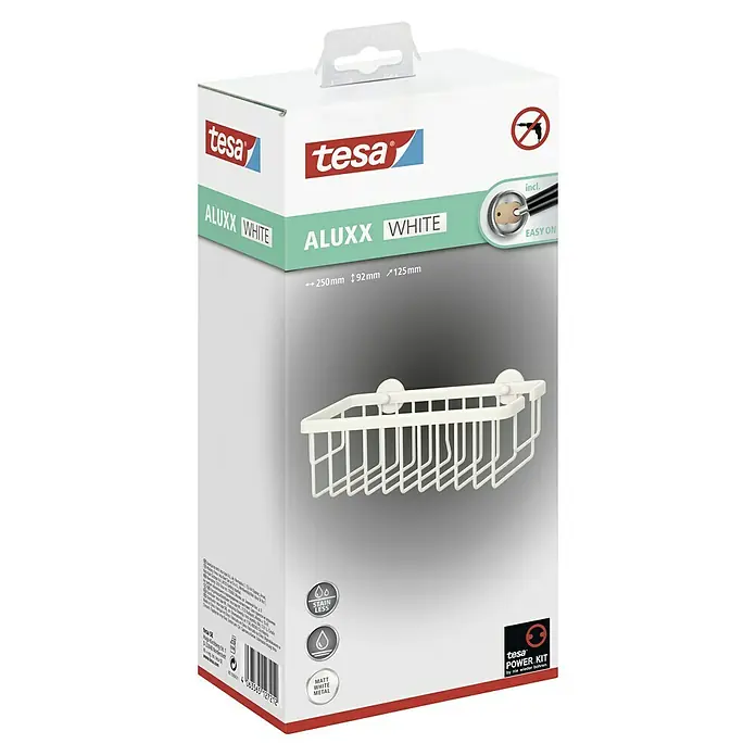 Tesa Aluxx Duschkorb12,5 x 25 x 9,5 cm, Weiß, Matt - Verpackung einer Tesa Aluxx White Duschablage zur Wandmontage, ohne Bohren. Die Duschablage ist aus mattweißem Metall gefertigt.