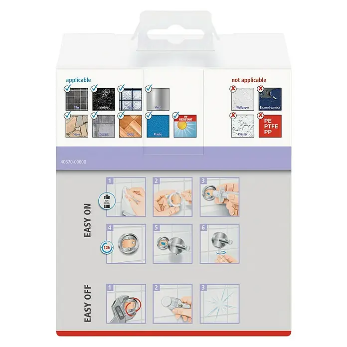 Tesa Moon Toilettenpapierhalter - Ohne Deckel, Weiß, Matt - Eine Verpackung mit Anwendungshinweisen für einen Wandhaken. Geeignete und ungeeignete Oberflächen sind dargestellt, zusammen mit Montageanleitung.