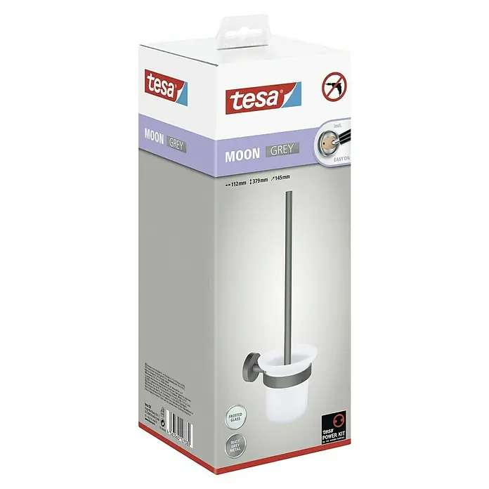 Tesa Moon WC-Bürstengarnitur - Mit Halterung, Metall, Grau - Eine Nahaufnahme der Verpackung des Tesa Moon Grey WC-Bürstenhalters mit den Maßen 112 x 379 x 145 mm.