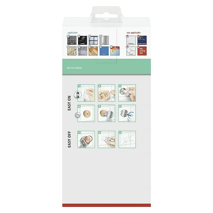 Tesa Aluxx Duschkorb12,5 x 25 x 9,5 cm, Weiß, Matt - Anwendungs- und Montagehinweise für ein Produkt, das auf verschiedenen Oberflächen haftet, jedoch nicht auf allen, mit detaillierter Schritt-für-Schritt-Anleitung.