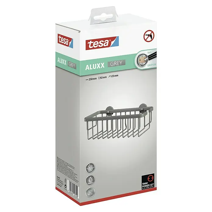 Tesa Aluxx Duschkorb - 12,5 x 25 x 9,5 cm, Grau, Matt - Eine Verpackung für ein Tesa Aluxx Grey Eckregal mit den Maßen 250 mm x 92 mm x 125 mm. Das Regal ist aus mattem, grauem Metall gefertigt.