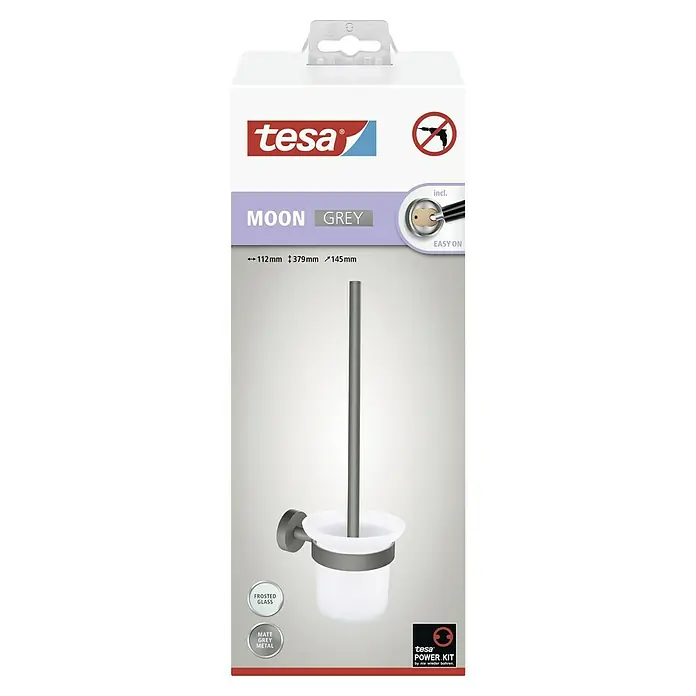 Tesa Moon WC-Bürstengarnitur - Mit Halterung, Metall, Grau - Verpackung des Tesa Moon Grey WC-Bürstenhalters zur Wandmontage, mit mattgrauem Metall und Milchglas.