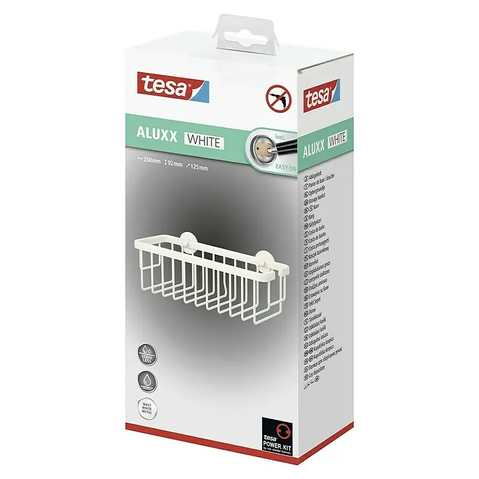 Tesa Aluxx Duschkorb - 12,5 x 25 x 9,5 cm, Weiß, Matt - Verpackung des Tesa Aluxx White Ablagekorbs, ideal für Bad oder Dusche. Das Produkt ist aus mattweißem Metall gefertigt und rostfrei.