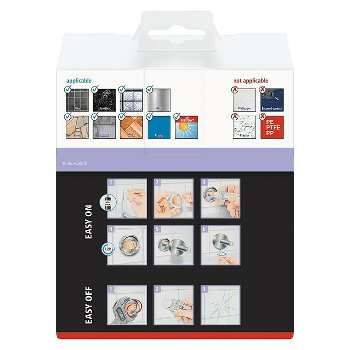 Tesa Moon Toilettenpapierhalter - Ohne Deckel, Schwarz, Matt - Verpackungsrückseite eines Klebeprodukts mit Anwendungs- und Entfernungsanleitungen sowie Hinweisen zu geeigneten Oberflächen.