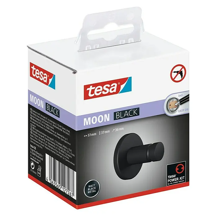 Tesa Moon Handtuchhaken - Schwarz, Matt - Tesa Moon Black: Wandhaken in Mattschwarz. Einfache Montage ohne Bohren mit der innovativen Tesa Power.Kit Technologie für zuverlässigen Halt.