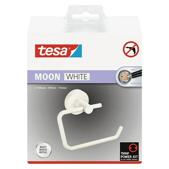 Tesa Moon Toilettenpapierhalter - Ohne Deckel, Weiß, Matt - Produktverpackung für einen Tesa Moon White Toilettenpapierhalter aus mattweißem Metall. Einfache Installation ohne Bohren.