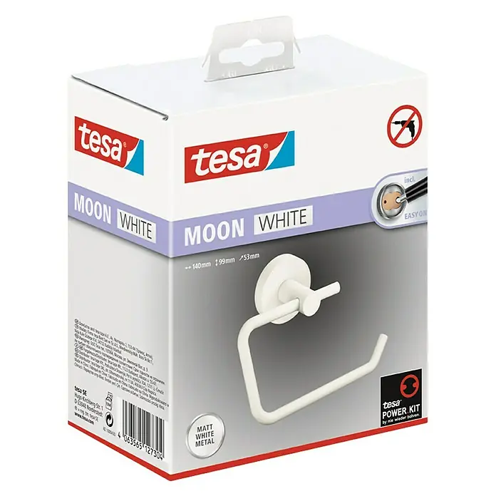 Tesa Moon Toilettenpapierhalter - Ohne Deckel, Weiß, Matt - Die Verpackung einer Tesa Moon White Toilettenpapierhalterung mit Power Kit zur einfachen Montage ohne Bohren.