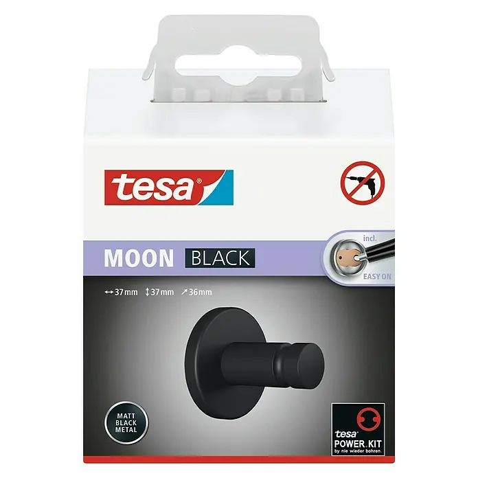 Tesa Moon Handtuchhaken - Schwarz, Matt - Verpackung für Tesa MOON BLACK Wandhaken zur einfachen Montage ohne Bohren, aus mattschwarzem Metall gefertigt.