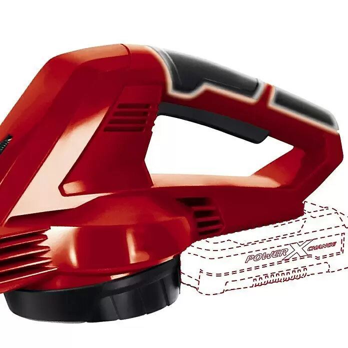 Einhell PXC 18V Akku-Laubbläser GC-CL 18 Li E-Solo - 18 V, Ohne Akku, Blasgeschwindigkeit: 210 km/h - Rot-schwarzes Power X-Change Akku-Werkzeug mit Akku-Umriss.
