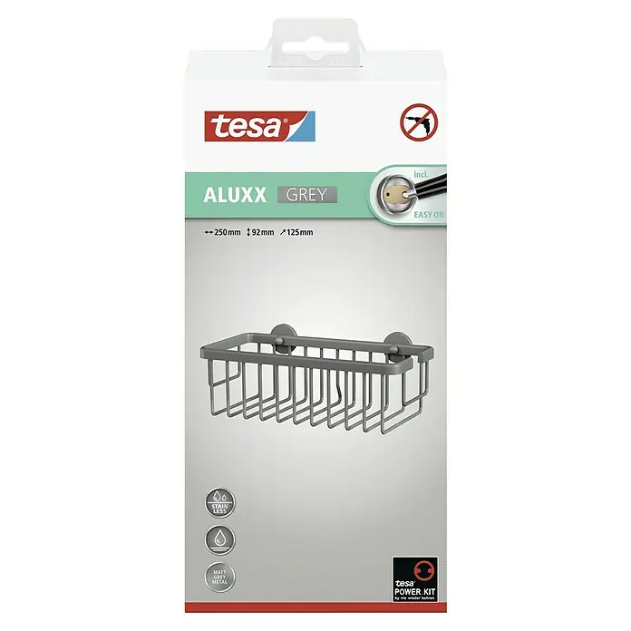 Tesa Aluxx Duschkorb - 12,5 x 25 x 9,5 cm, Grau, Matt - Abbildung des Tesa Aluxx Grey Duschkorbs zur praktischen Aufbewahrung von Duschutensilien. Einfache Anbringung ohne Bohren dank Power.Kit Technologie.