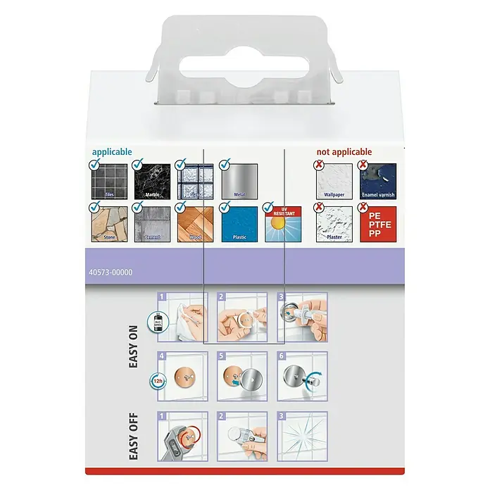 Tesa Moon Handtuchhaken - Weiß, Matt - Produktverpackungs-Aufdruck mit Informationen zur Anwendbarkeit auf Oberflächen und Montagehinweisen.