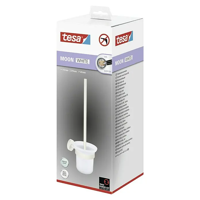 Tesa Moon WC-BürstengarniturMit Halterung, Metall, Weiß - Kartonverpackung einer Tesa Moon White WC-Garnitur, bestehend aus einer Toilettenbürste mit Halterung in Weiß und Silber.