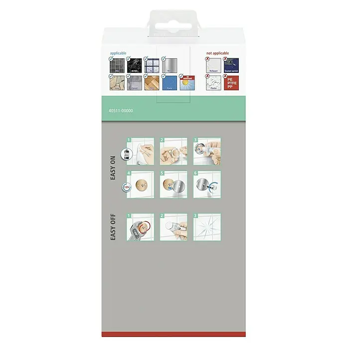 Tesa Aluxx Duschkorb - 12,5 x 25 x 9,5 cm, Grau, Matt - Montageanleitung für einen Wandhaken mit Hinweisen zu geeigneten und ungeeigneten Oberflächen für die Installation.