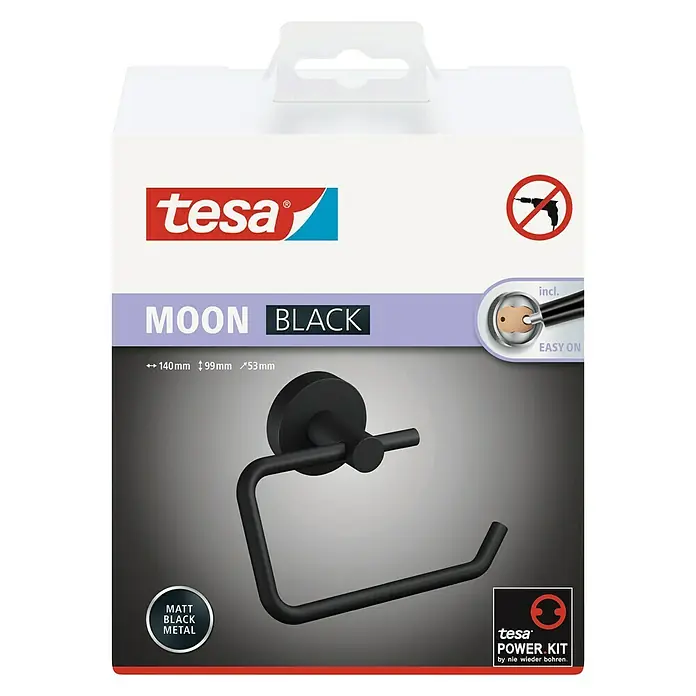 Tesa Moon Toilettenpapierhalter - Ohne Deckel, Schwarz, Matt - Verpackung für einen schwarzen Tesa Moon Toilettenpapierhalter aus mattem Metall mit Power.Kit zur einfachen Anbringung ohne Bohren.