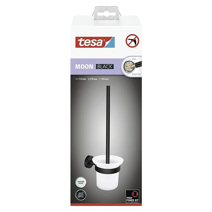 Tesa Moon WC-Bürstengarnitur - Mit Halterung, Metall, Schwarz - Produktverpackung für eine Tesa Moon Black WC-Garnitur mit matt-schwarzem Metall-Finish und Milchglas. Einfache Montage ohne Bohren.