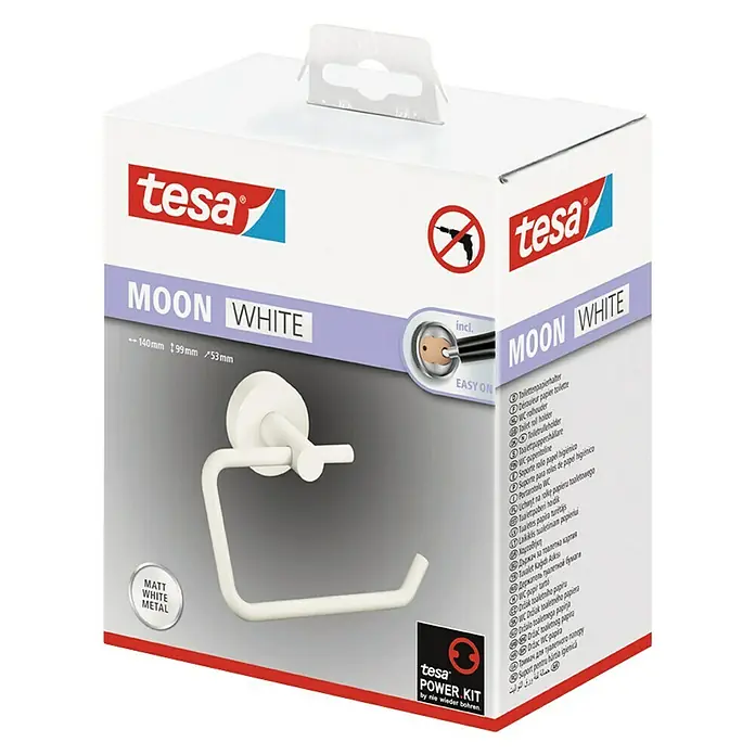 Tesa Moon Toilettenpapierhalter - Ohne Deckel, Weiß, Matt - Bild einer Tesa Moon White Toilettenpapierhalterung in einer Produktverpackung, die ihre einfache Installation ohne Bohren hervorhebt.
