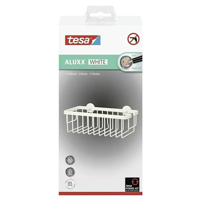 Tesa Aluxx Duschkorb - 12,5 x 25 x 9,5 cm, Weiß, Matt - Abbildung einer weißen Tesa Aluxx Duschablage zur Befestigung an der Wand. Kein Bohren notwendig, einfache Montage mit Power.Kit Klebetechnologie.