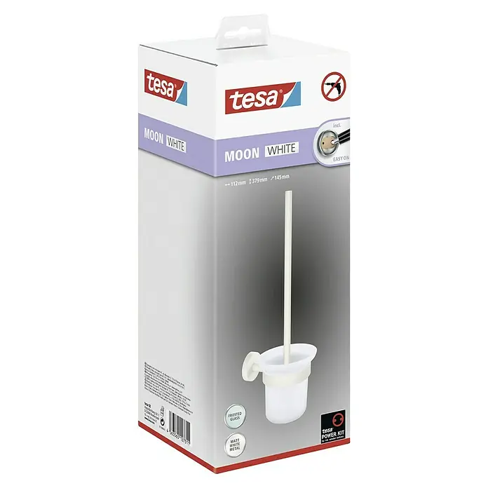 Tesa Moon WC-BürstengarniturMit Halterung, Metall, Weiß - Verpackung für ein Tesa Moon White WC-Garnitur-Set mit Glasbehälter und matter, weißer Metallhalterung zur Wandmontage ohne Bohren.