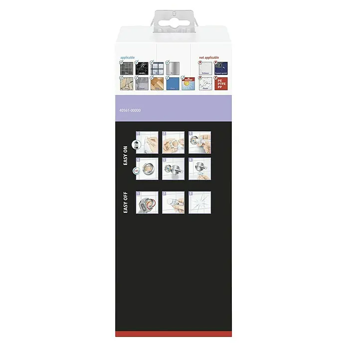 Tesa Moon WC-Bürstengarnitur - Mit Halterung, Metall, Schwarz - Produktverpackung mit Anwendungs- und Montagehinweisen für eine einfache Installation und Demontage des Produkts.