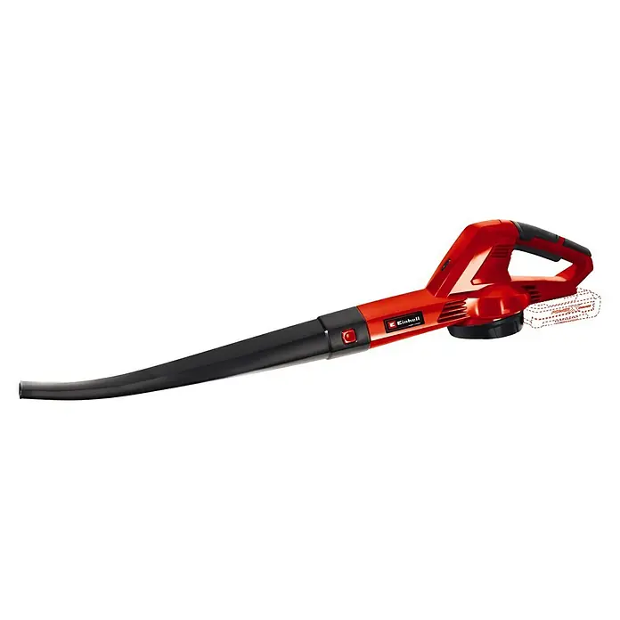 Einhell PXC 18V Akku-Laubbläser GC-CL 18 Li E-Solo - 18 V, Ohne Akku, Blasgeschwindigkeit: 210 km/h - Abbildung eines roten Einhell Akku-Laubsaugers/-bläsers auf schwarzem Hintergrund. Das Gerät ist kompakt und für den flexiblen Einsatz im Garten konzipiert.