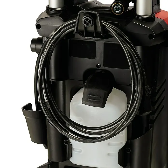 Einhell Hochdruckreiniger TE-HP 170 - 2.300 W, Max. Druck: 170 bar, Fördermenge: 440 l/h - Das Bild zeigt die Rückseite eines Hochdruckreinigers mit aufgewickeltem Kabel und einem transparenten Behälter.
