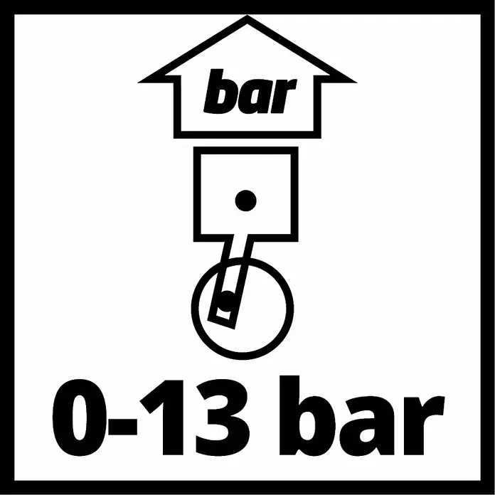 Einhell Reifenfüllmesser digital - Betriebsdruck: 13 bar - Detailliertes Zeichen mit dem Text "0-13 bar", das den zulässigen Druckbereich für dieses Produkt angibt, zusammen mit einer Kolben-Illustration.