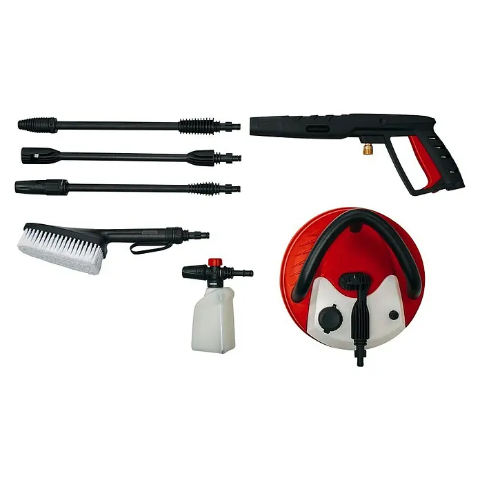 Einhell Hochdruckreiniger TE-HP 170 - 2.300 W, Max. Druck: 170 bar, Fördermenge: 440 l/h - Abgebildet ist ein Set von Zubehörteilen für Hochdruckreiniger, inklusive Düsen, Bürsten und einer Reinigungsbürste mit Tank.