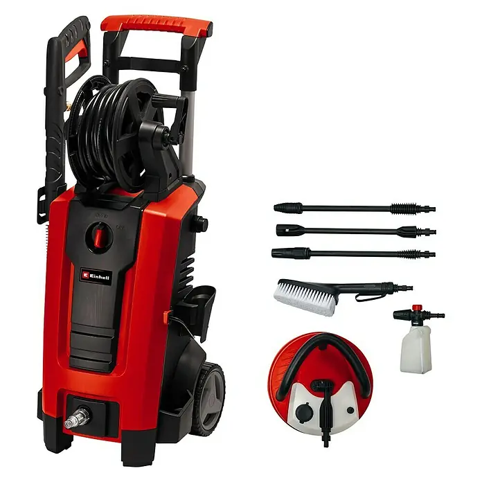 Einhell Hochdruckreiniger TE-HP 170 - 2.300 W, Max. Druck: 170 bar, Fördermenge: 440 l/h - Abbildung eines Einhell Hochdruckreinigers mit Zubehör, ideal für Reinigungsarbeiten rund ums Haus und im Garten.