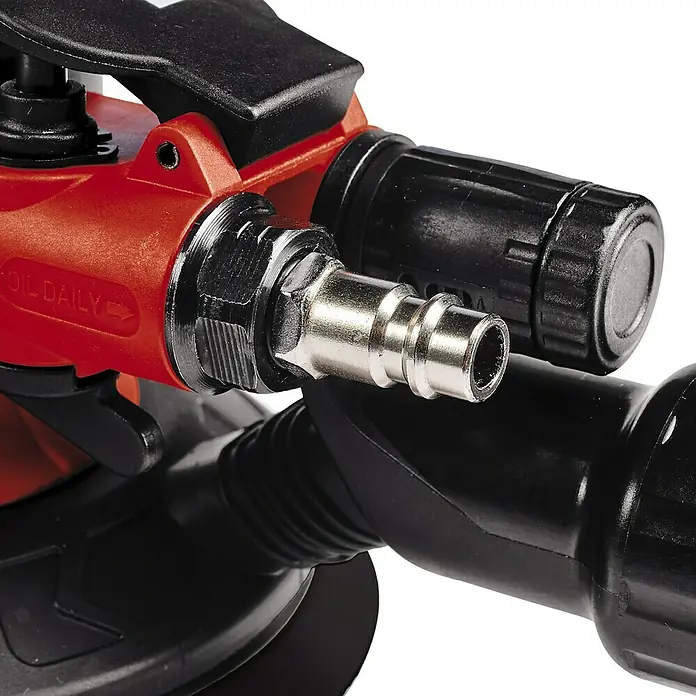 Einhell Classic Druckluft-Exzenterschleifer TC-PE 150Durchmesser Schleifteller: 150 mm, 10.500 U/min, 0 bar - 6,3 bar - Detailaufnahme einer pneumatischen Schleifmaschine mit rotem Gehäuse, schwarzem Regler und silbernem Luftanschluss.